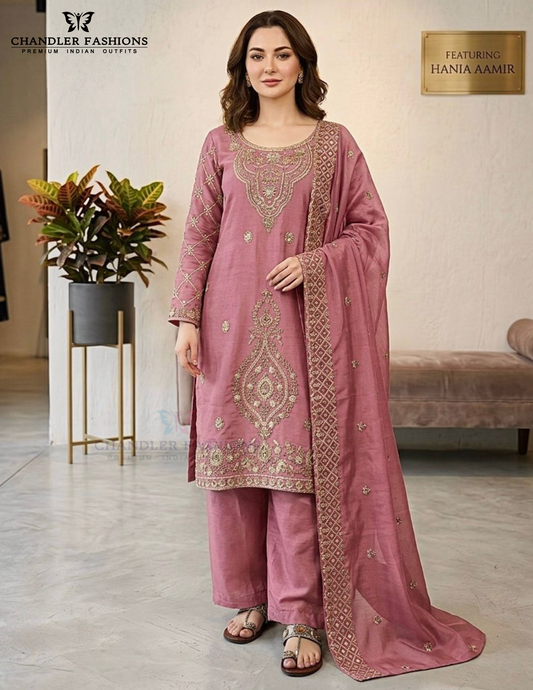 Amazing Pink Color Silk With Embroidery And Beads Work For Women