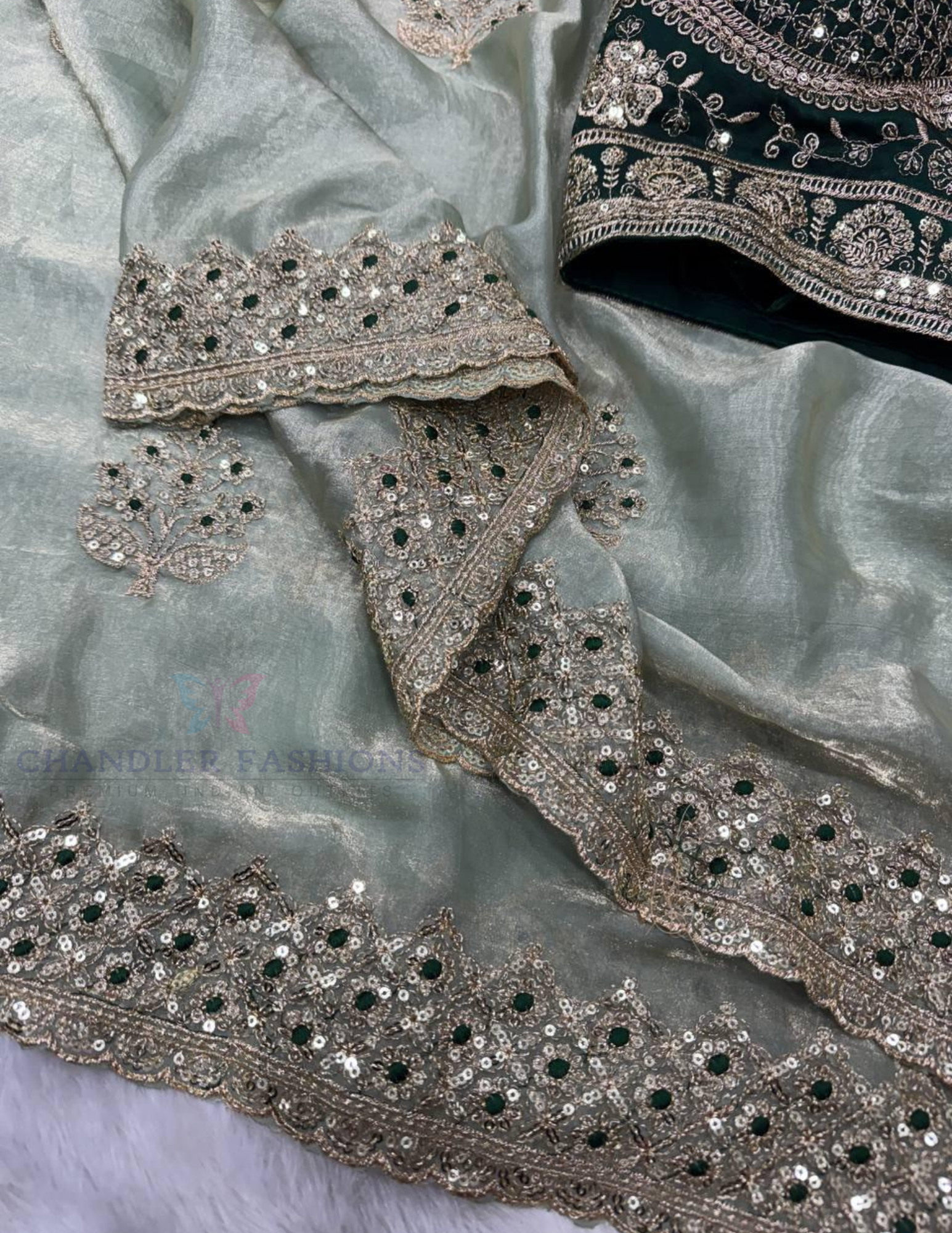 Light Green Color Soft Space Silk With Sequins And Zari Embroidery Work Saree Near Me