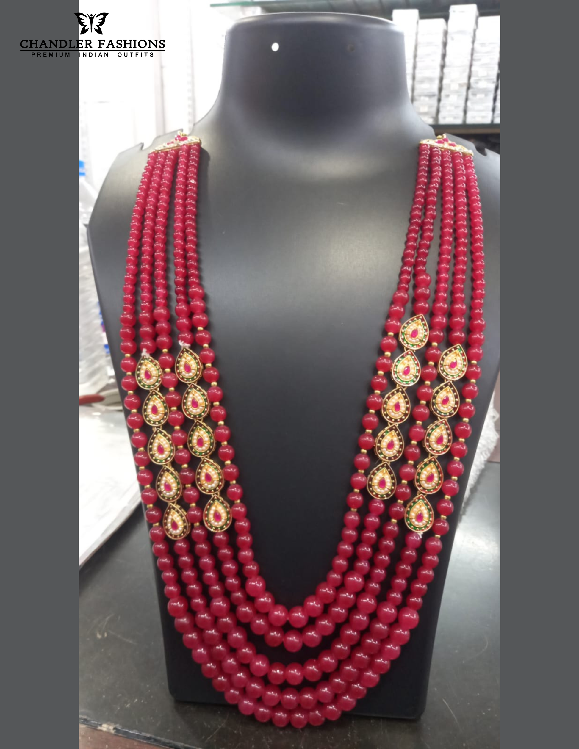 Dazzling Red Color Unique Design Pearl Beads With Gold Plated Mala
