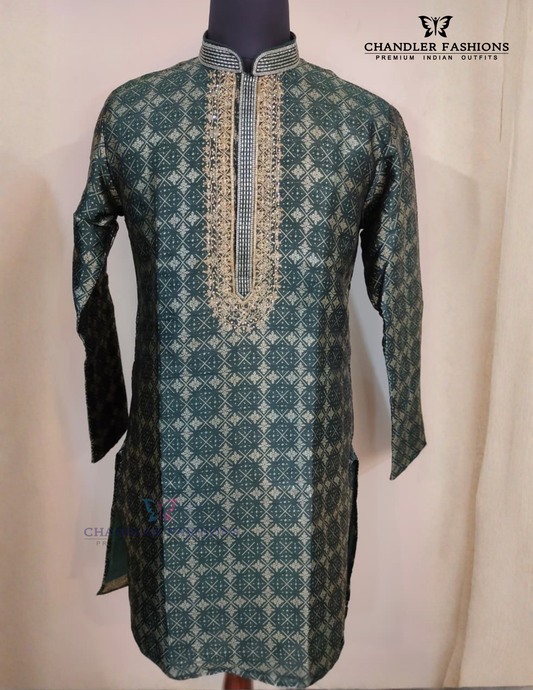 Wonderful Green Color Banarasi Brocade Kurta With Pajama For Men