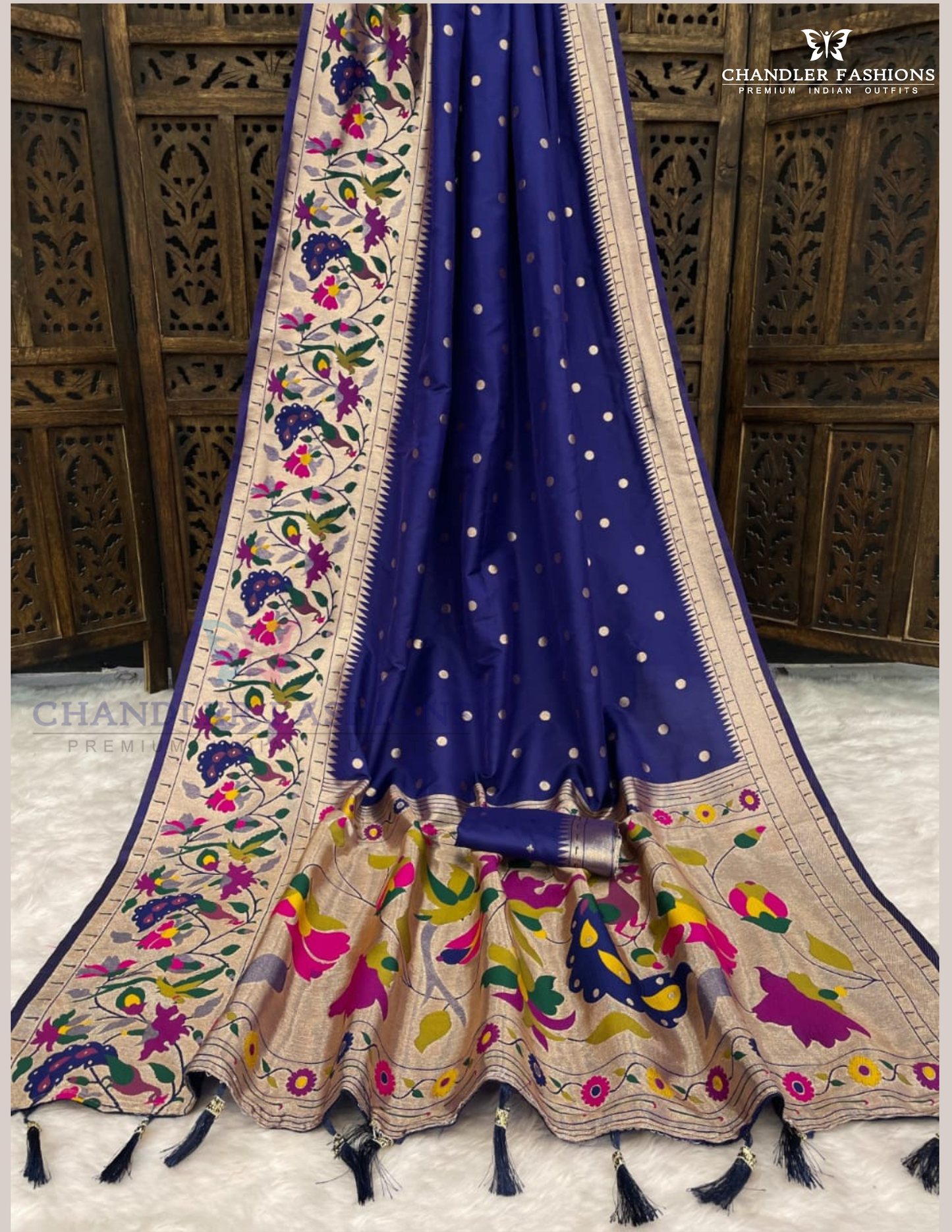 Charming Navy Blue Color Palak Silk With Floral Motifs And Zari Border Work Saree