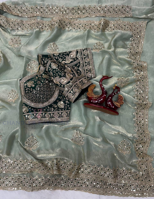 Elegant Light Green Color Soft Space Silk With Sequins And Zari Embroidery Work Saree For Women