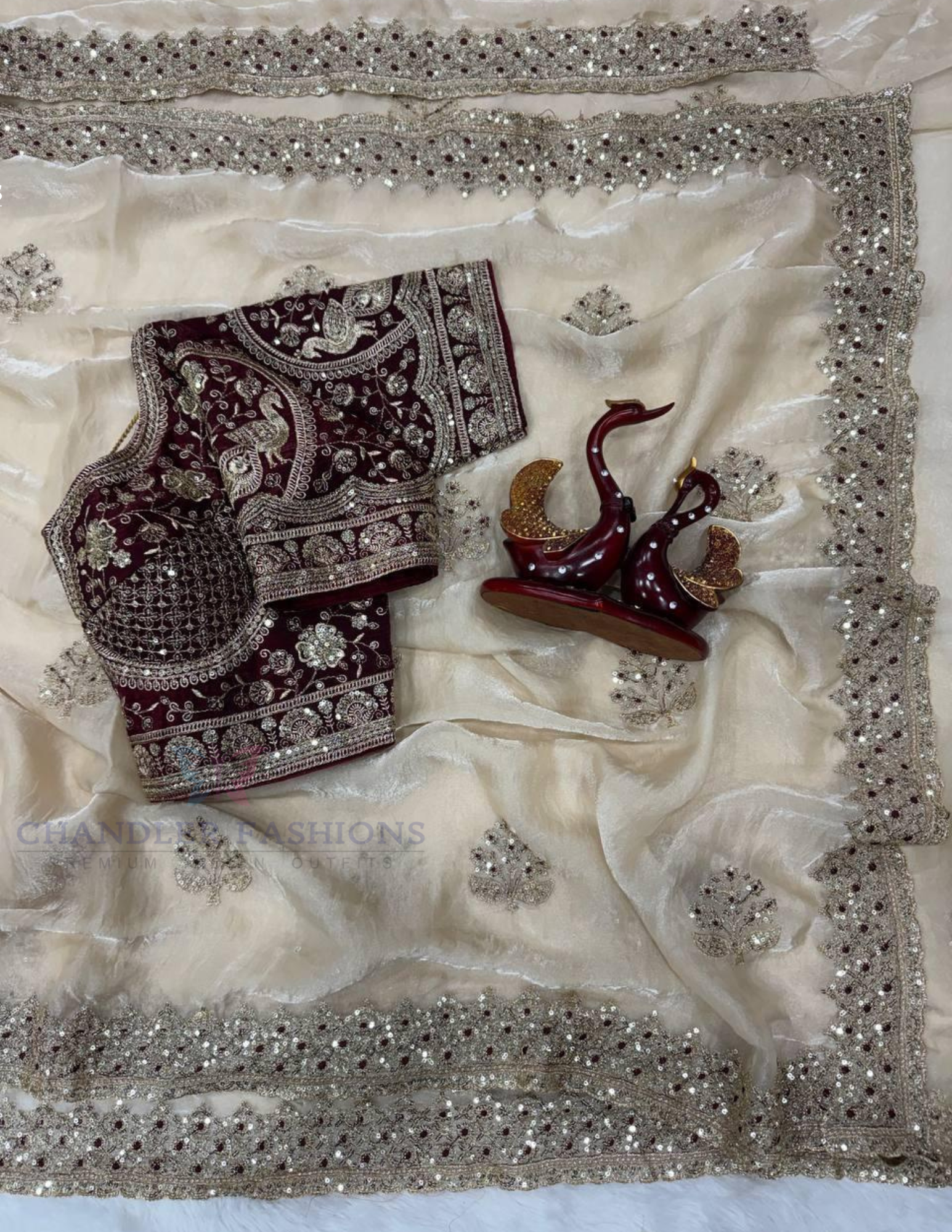 Cream Color Soft Space Silk With And Embroidery Work Saree In USA