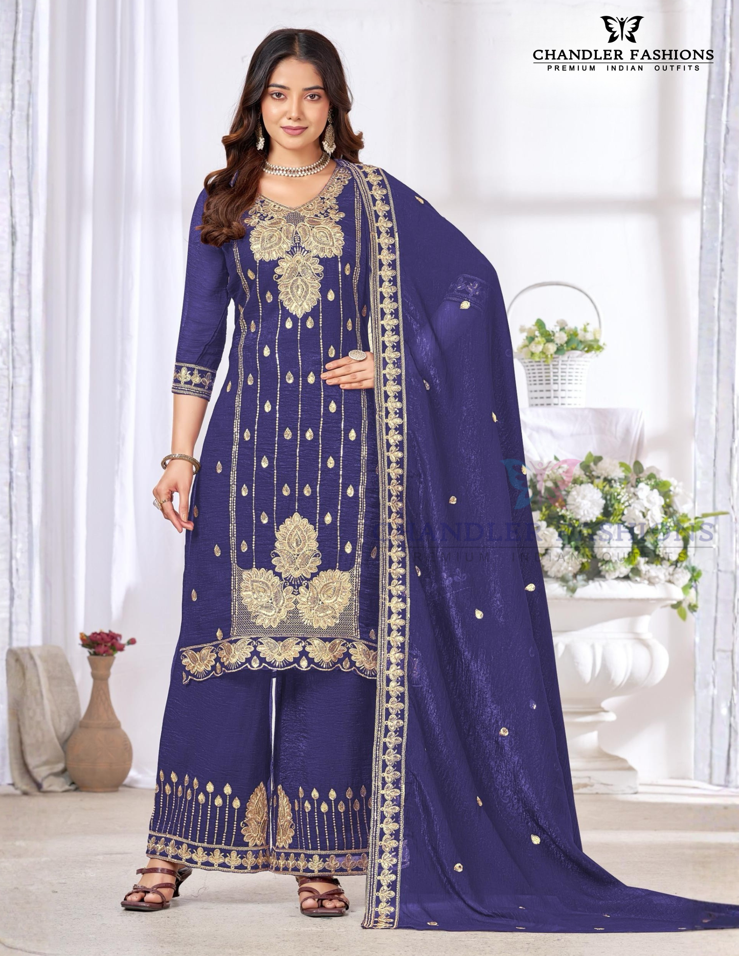 Captivating Violet Color Chinon With Embroidery And Sequins Work Palazzo Suits With Dupatta