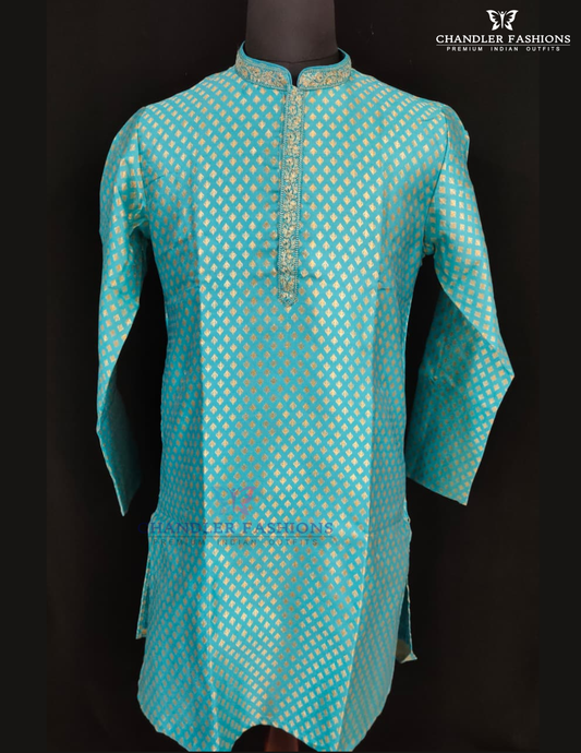 Elagant Sky Blue Color Pure Banarasi With Zari Work Kuruta Sutis For Men