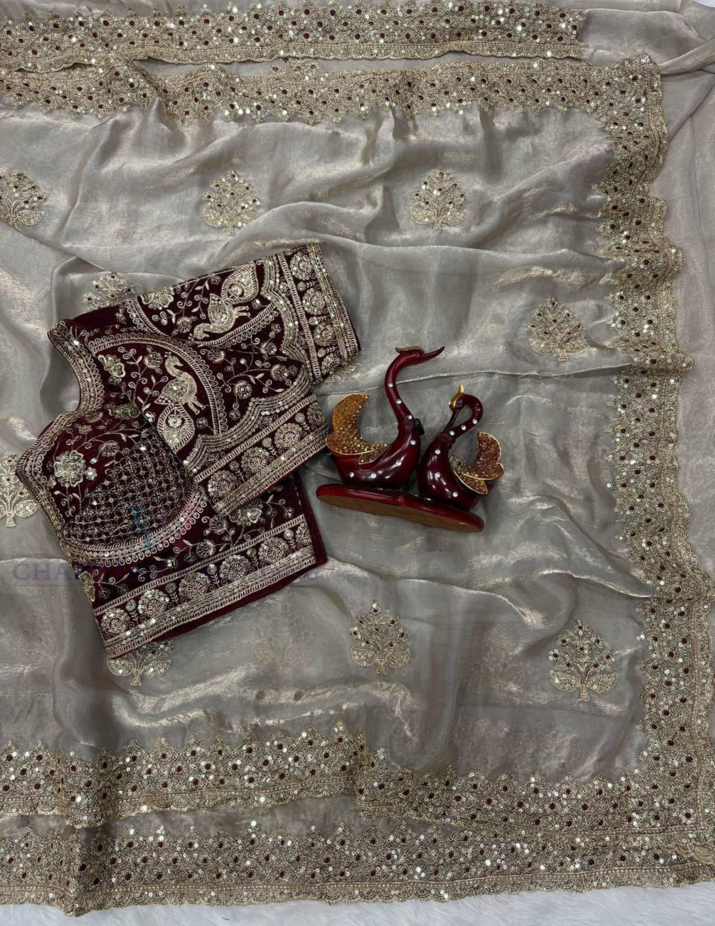 Cream Color Soft Space Silk With Sequins And Zari Embroidery Work Saree Near Me