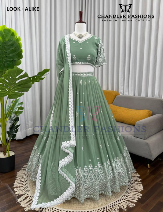 Elegant Light Green Color Embroidery And Sequins Work Lehenga Choli For Women