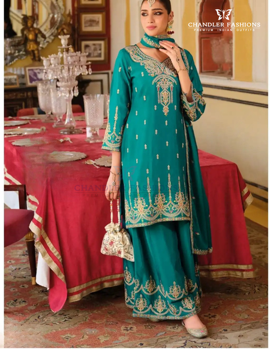 Elegant Teal Green Color Chinon Embroidery Work Kurti Palazzo Pant With Dupatta