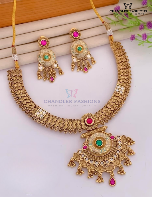 Pleasant Pink And Green Color Stone Antique Gold Necklace With Earrings Set