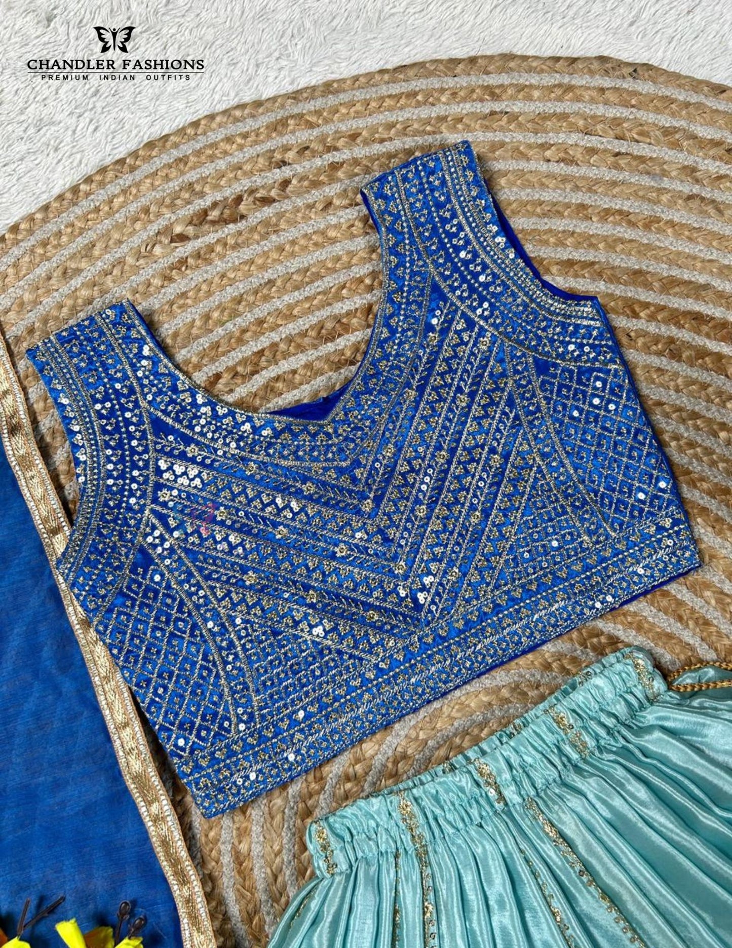 Attractive Blue Color Embroidery And Sequins Work Choli Set With Dupatta In USA
