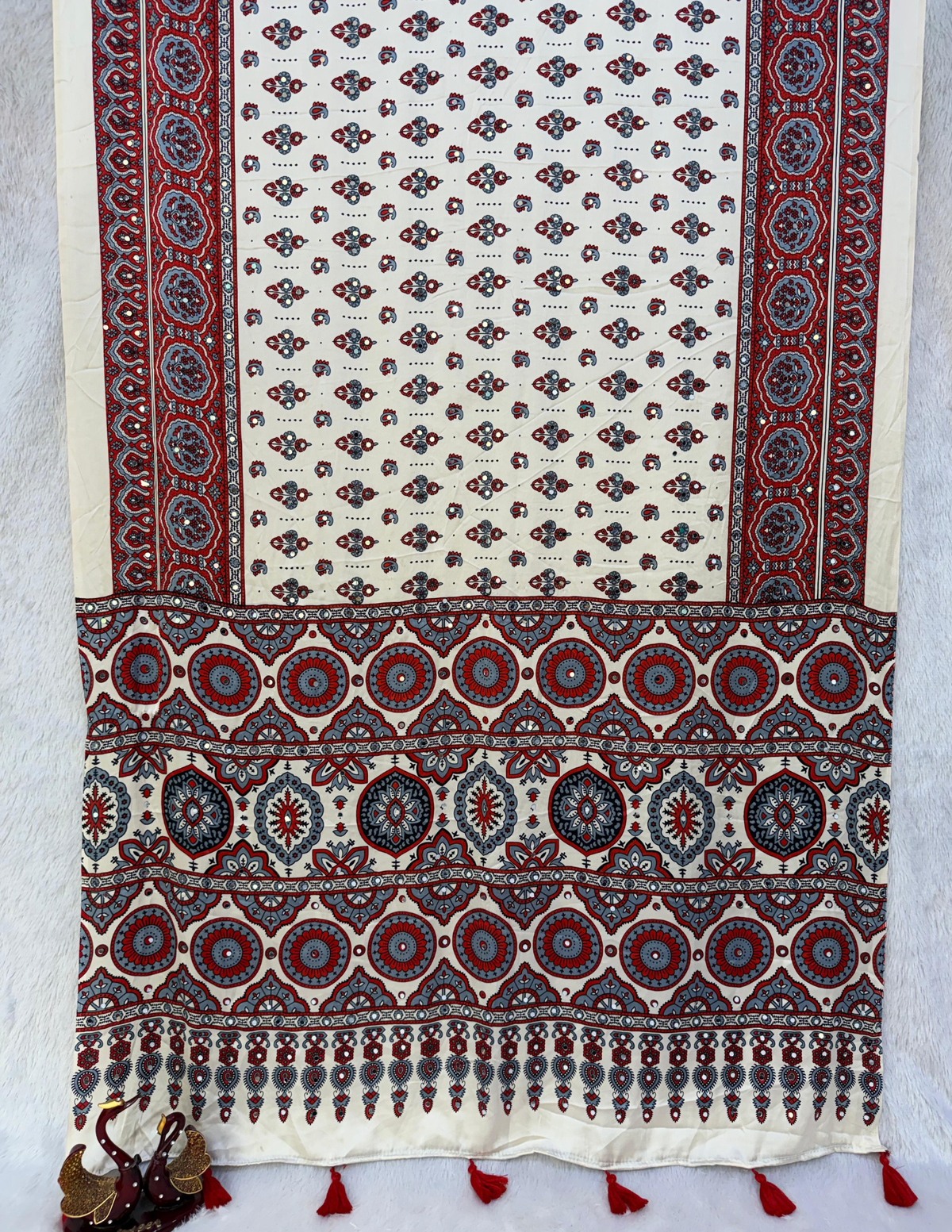 Beautiful Off White Color Satin Crepe Saree With Print And Mirror Work For Women