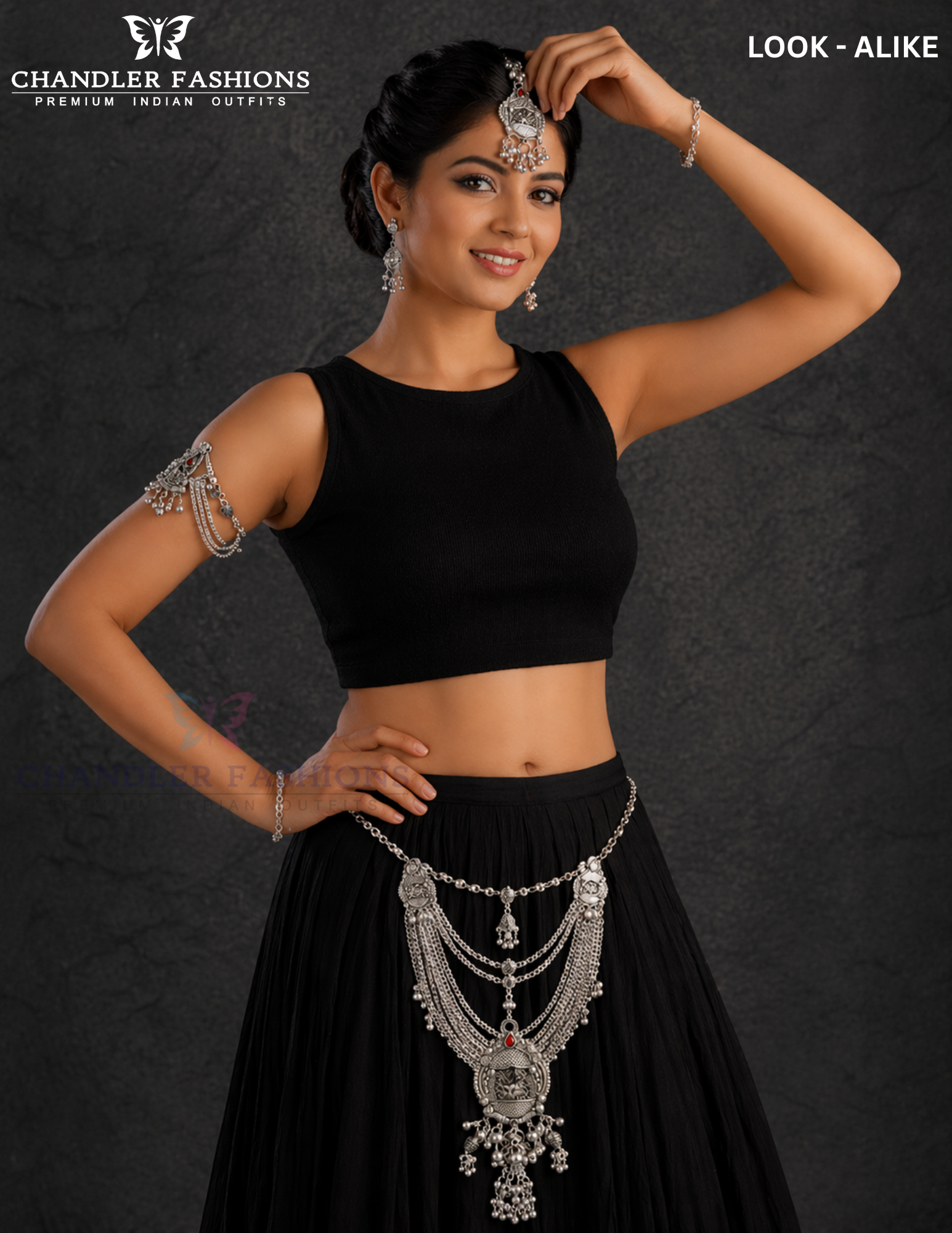 Alluring Red Color Stone Oxidized Waist Belt With Hair Accessory For Women
