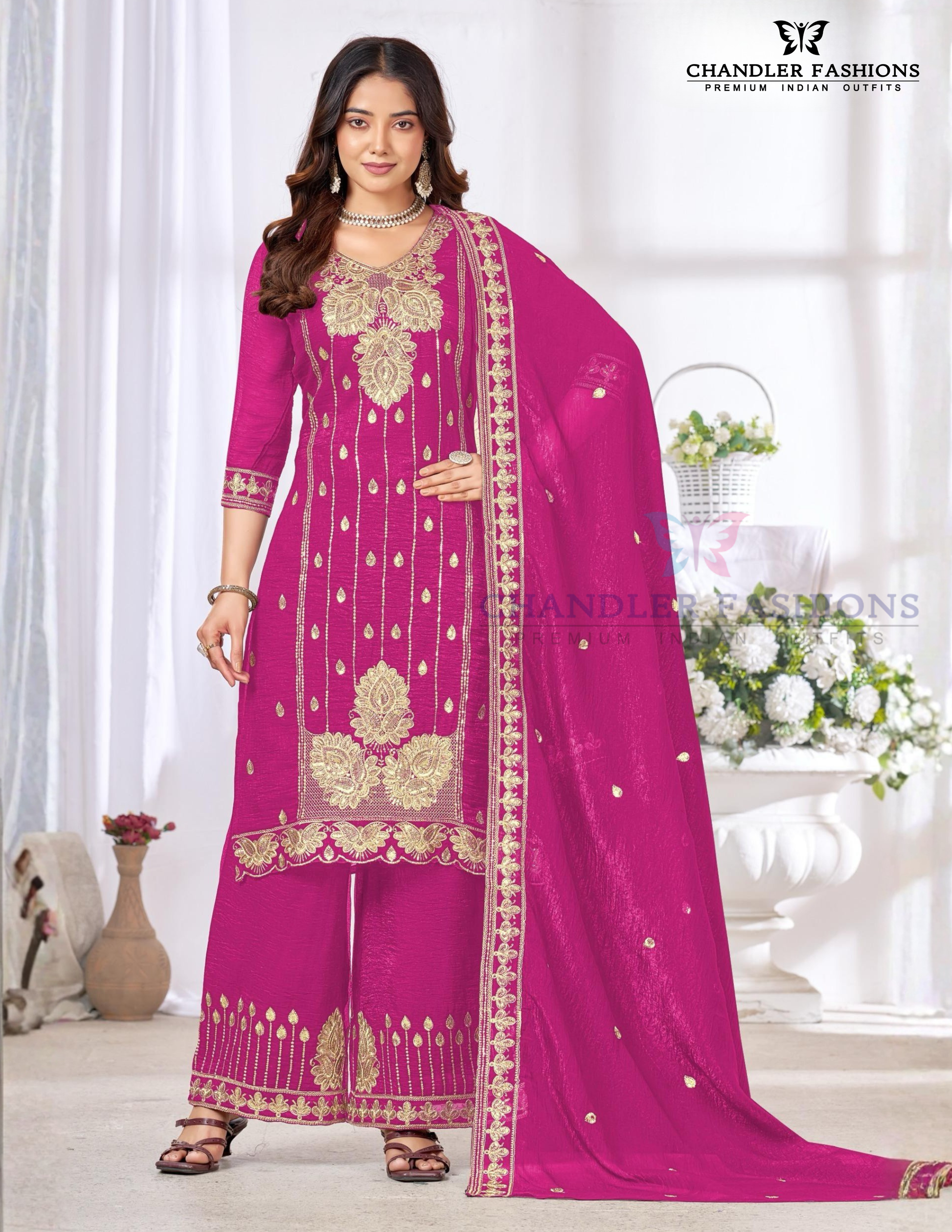 Gorgeous Rani Pink Color Chinon With Embroidery And Sequins Work Palazzo Suits With Dupatta