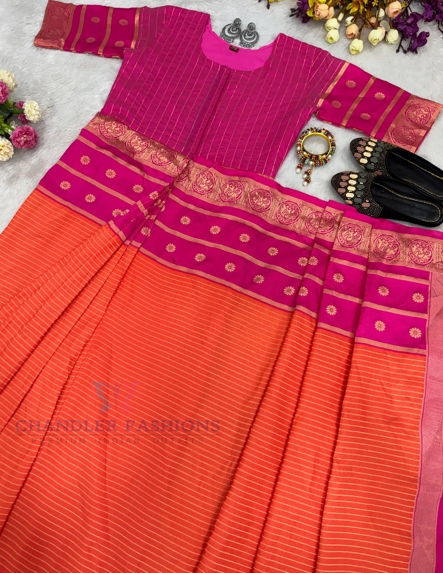 Pink And Orange Color Mysore Silk Saree In Sedona