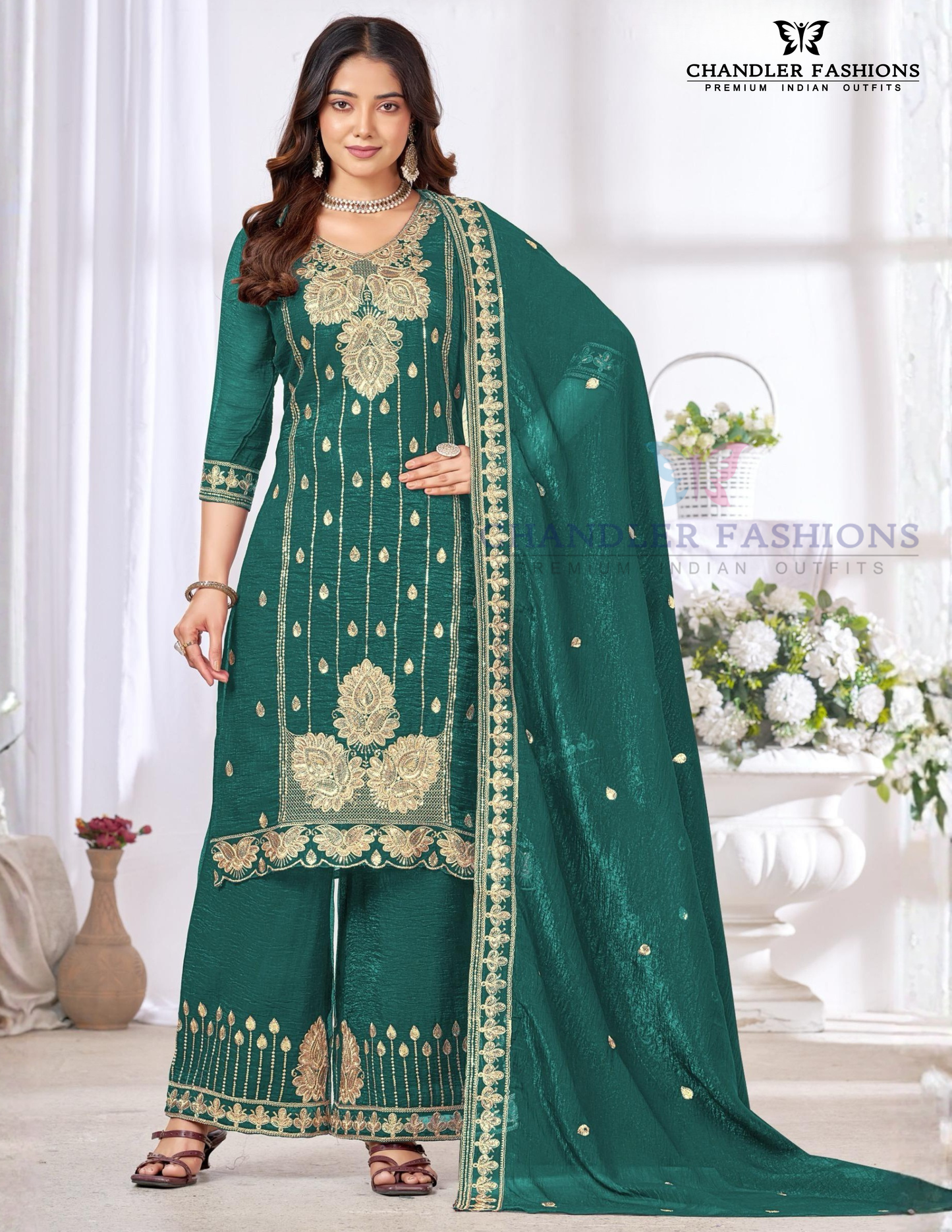 Beautiful Teal Green Color Chinon With Embroidery And Sequins Work Palazzo Suits With Dupatta