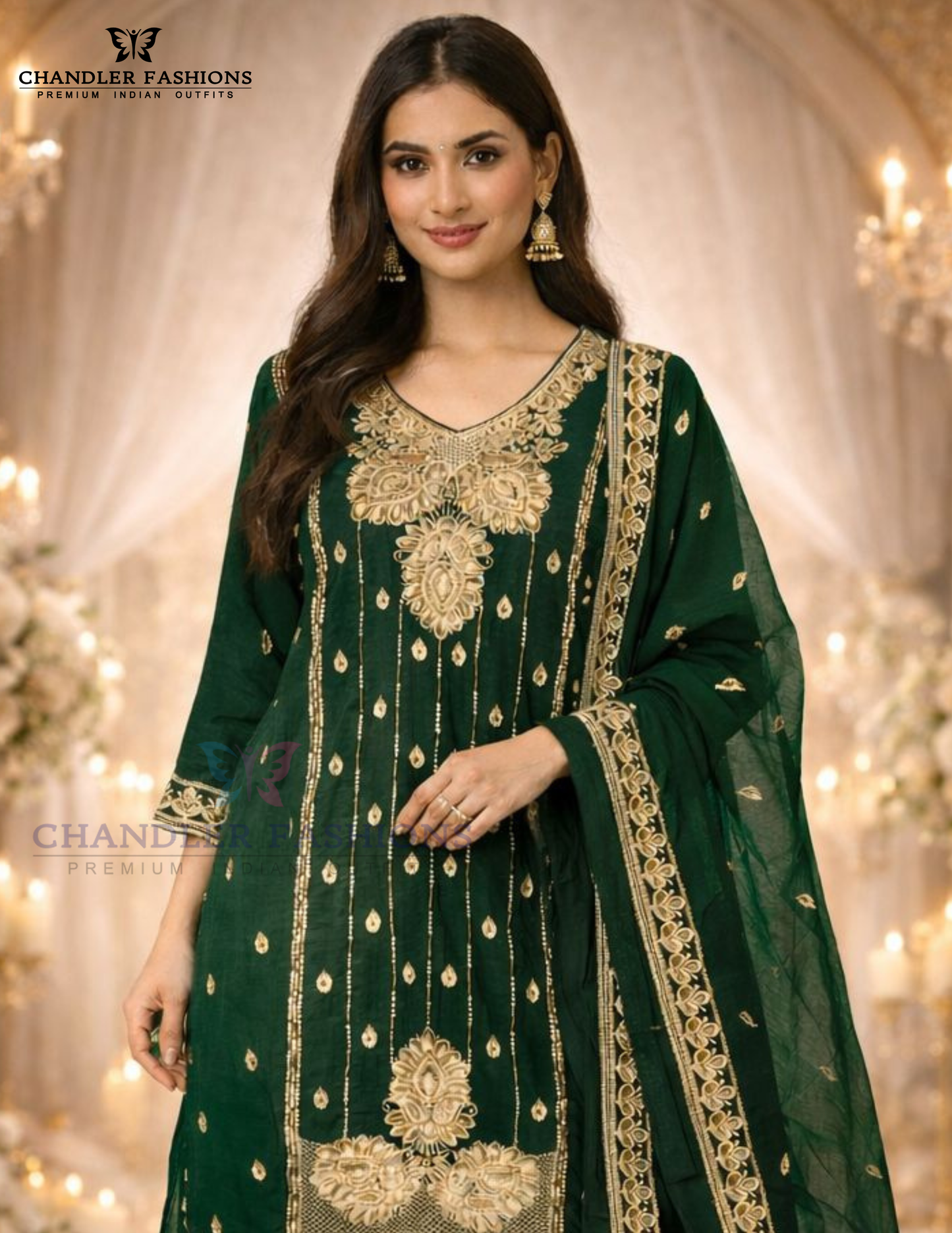 Bottle Green Color Chinon With Embroidery Work Palazzo Suits Near Me