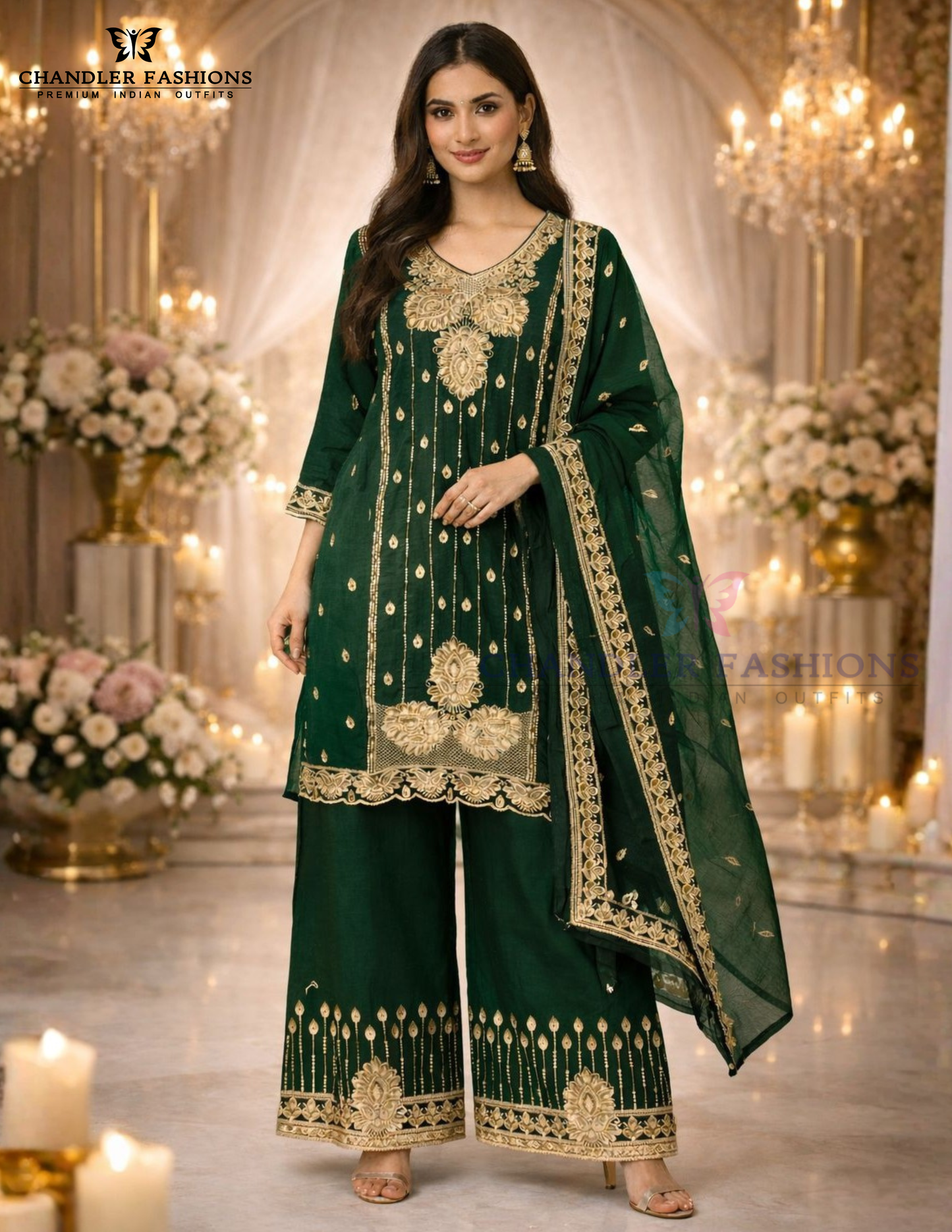 Amazing Bottle Green Color Chinon With Embroidery And Sequins Work Palazzo Suits With Dupatta