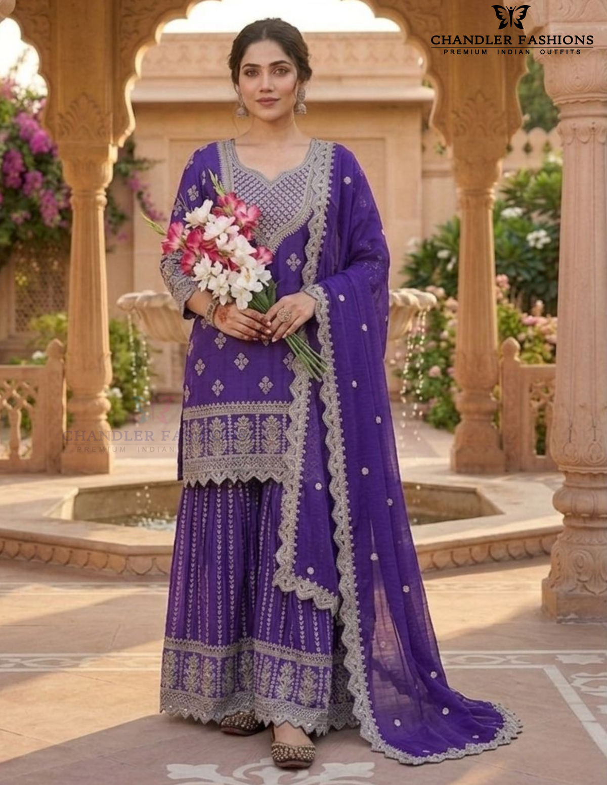 Beautiful Purple Color Chinon Silk With Embroidery And Sequins Work Sharara Suit For Women