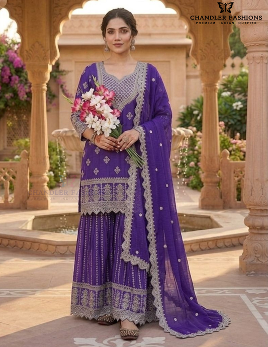 Beautiful Purple Color Chinon Silk With Embroidery And Sequins Work Sharara Suit For Women