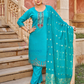 Splendid Sea Blue Color Vatican Silk With Embroidery And Sequins Work Salwar Suits With Dupatta
