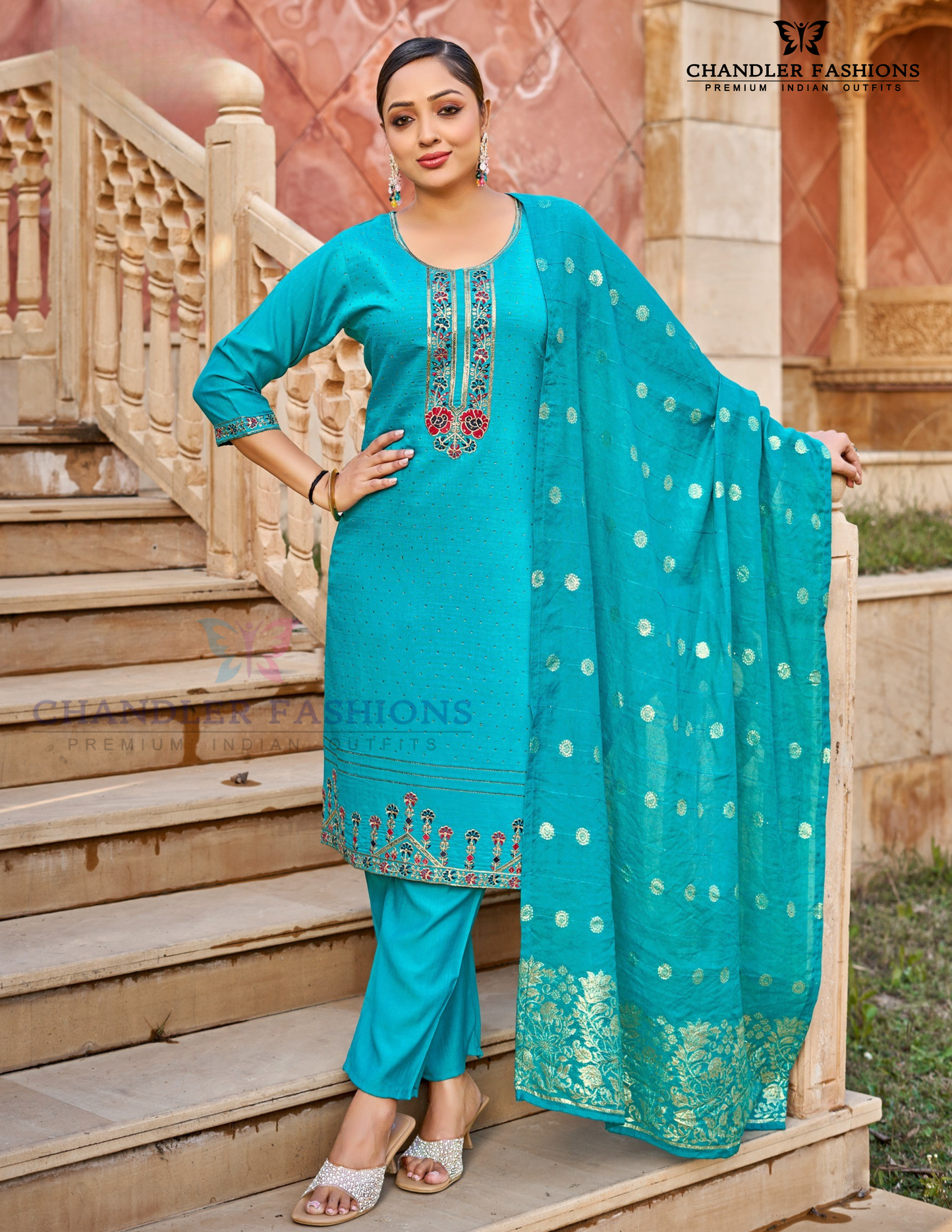 Splendid Sea Blue Color Vatican Silk With Embroidery And Sequins Work Salwar Suits With Dupatta