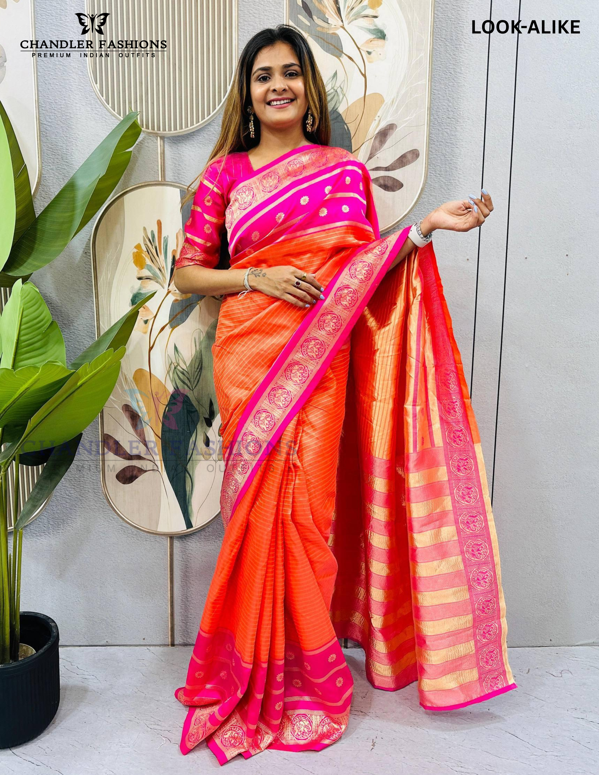 Awesome Pink And Orange Color Mysore Silk Ready To Wear Saree