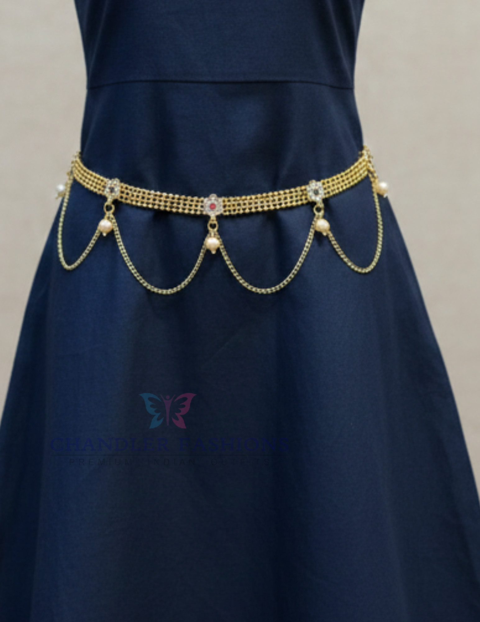 Pretty Gold Plated Beaded Red & Green Stones & Pearl Drop Hip Chain