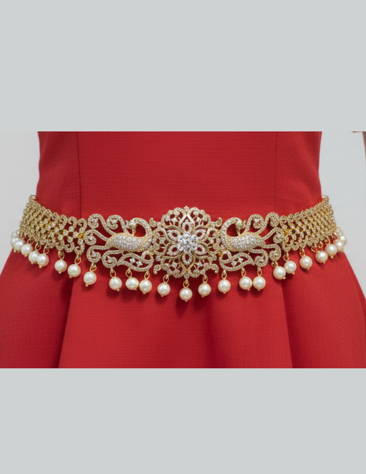 Gorgeous White Stone Worked Unique Peacock Designed Gold Plated Hip Chain