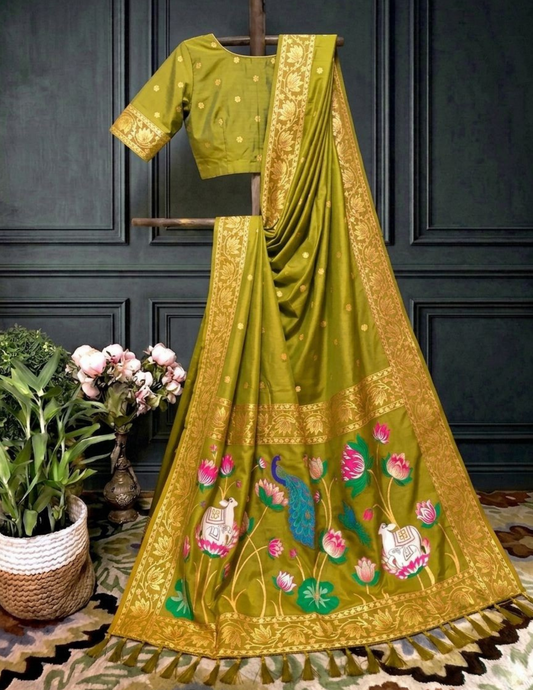 Amazing Green Color Soft Silk With Zari And Embroidery Work Saree For Women