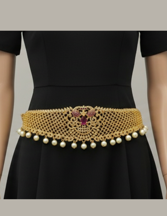 Lovely Gold Plated With Pink Stones Hip Chain For Women