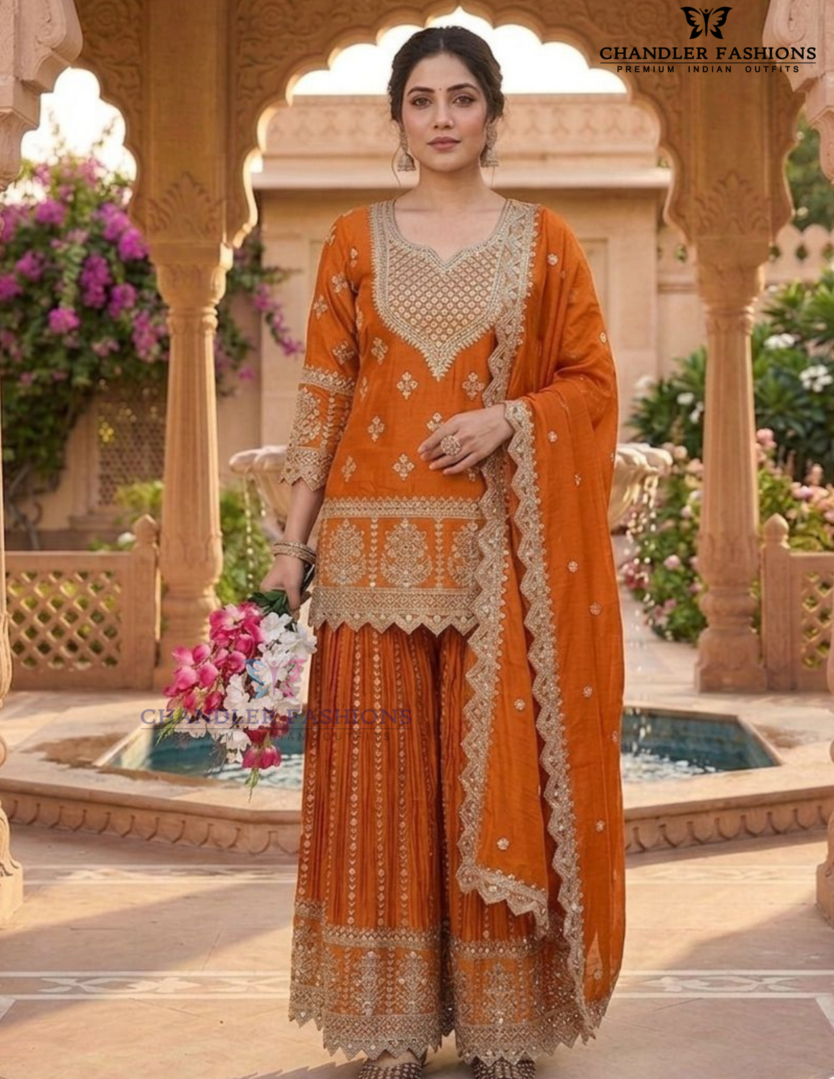 Amazing Orange Color Chinon Silk With Embroidery And Sequins Work Sharara Suit For Women