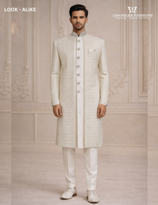 Appealing Ivory Color Silk With Sequins And Embroidery Work Sherwani Suits For Men - PREMIUM QUALITY