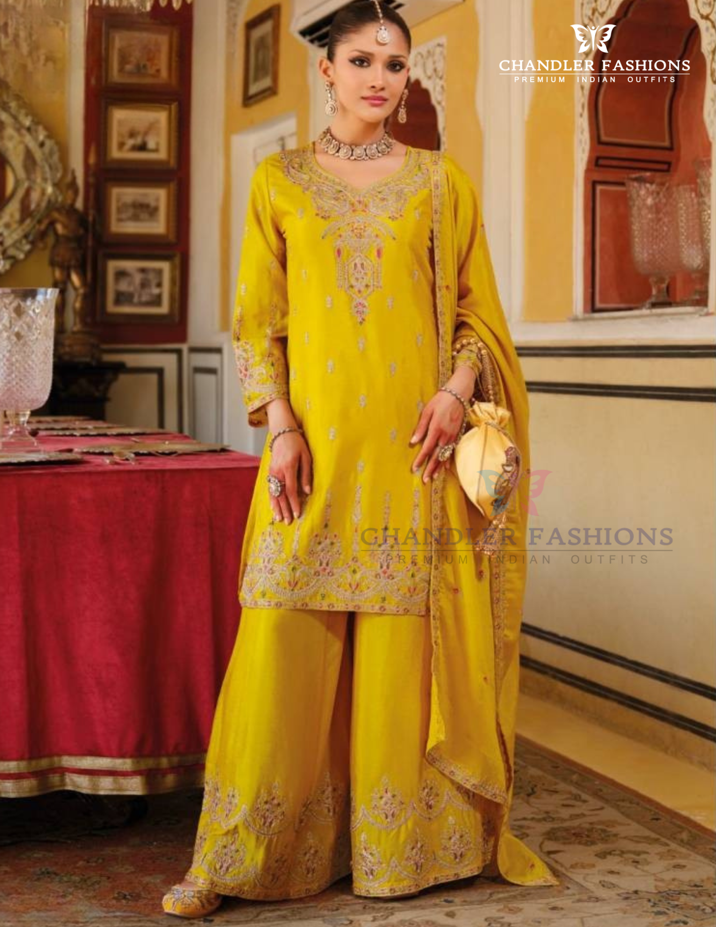 Gorgeous Yellow Color Chinon Embroidery Work Kurti Palazzo Pant With Dupatta
