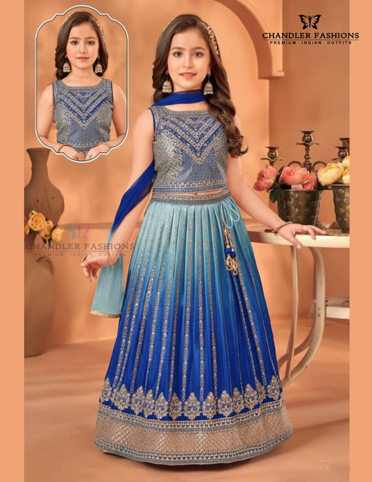 Attractive Blue Color Embroidery And Sequins Work Choli Set With Dupatta For Girls
