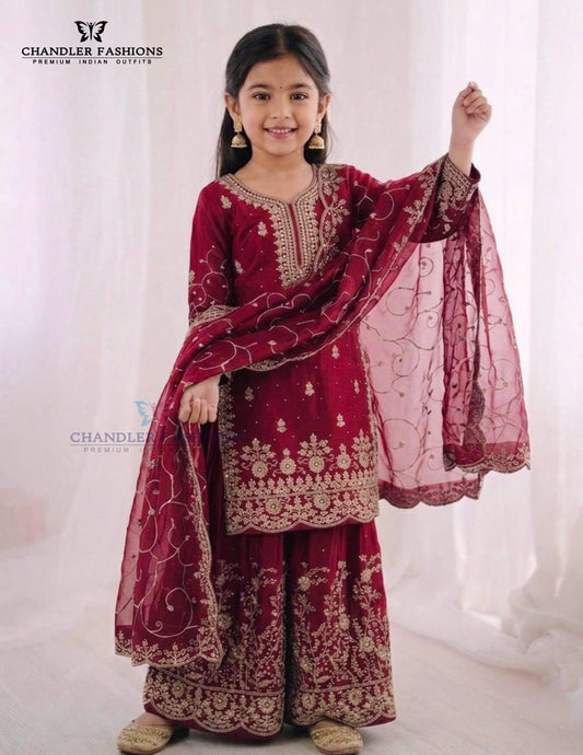 Gorgeous Maroon Color Georgette Embroidery Work Sharara Suit For Girls