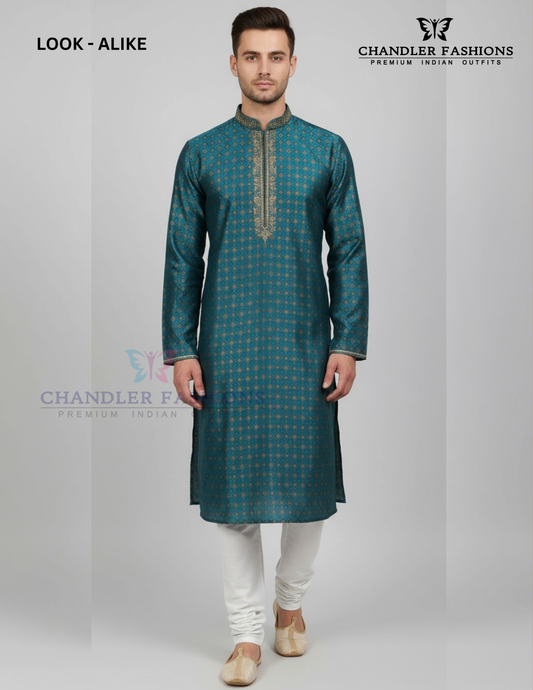 Marvelous Mandarin Collar Rama Green Color Zardozi Hand Work Brocade Kurta With Pajama