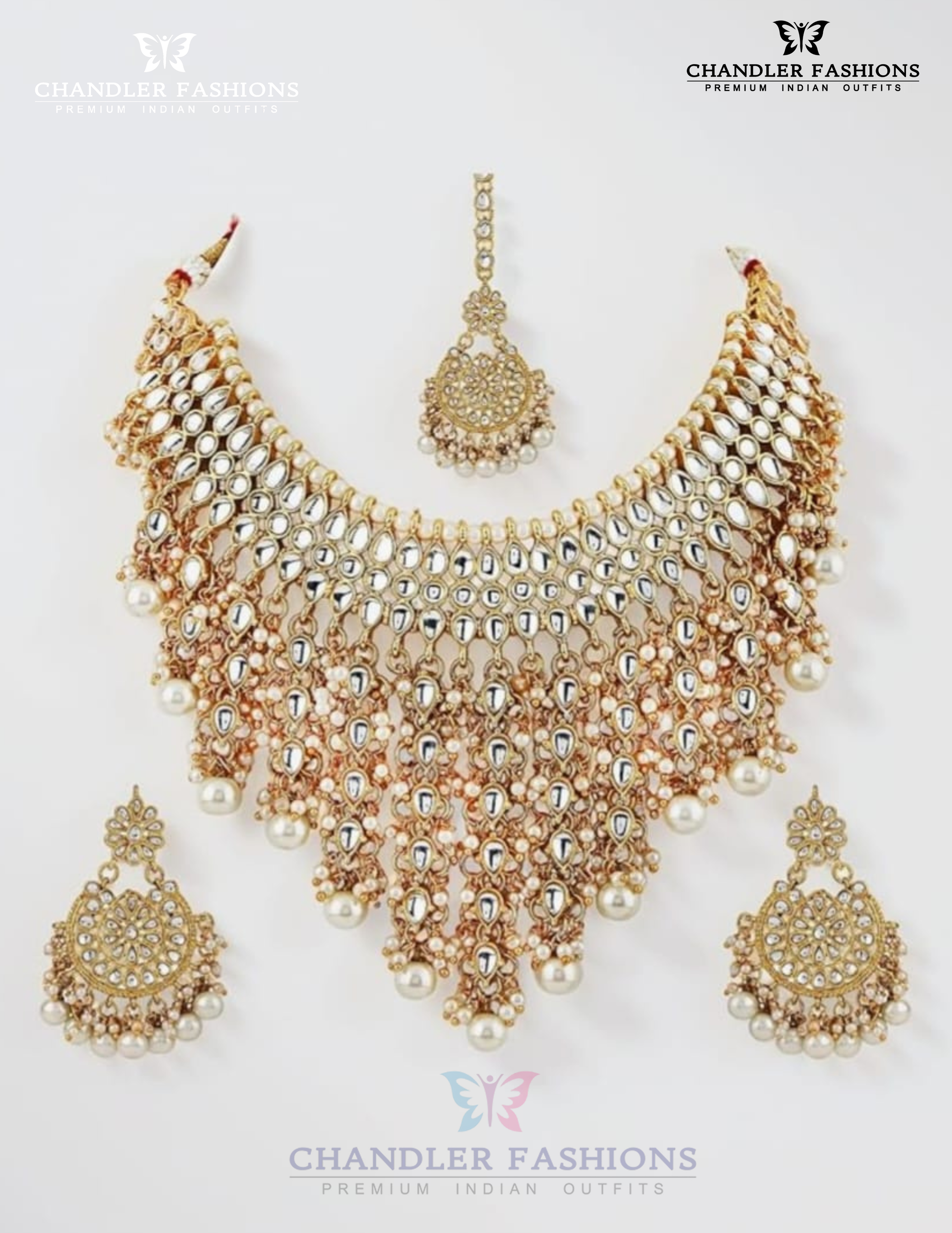 Stunning White Stones With Pearl Beaded Gold Plated Choker Maang Tikka And Earrings
