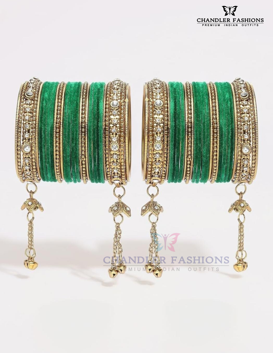 Captivating Green Color Jhumka With Stones And Beads Design Metal Bangles For Women