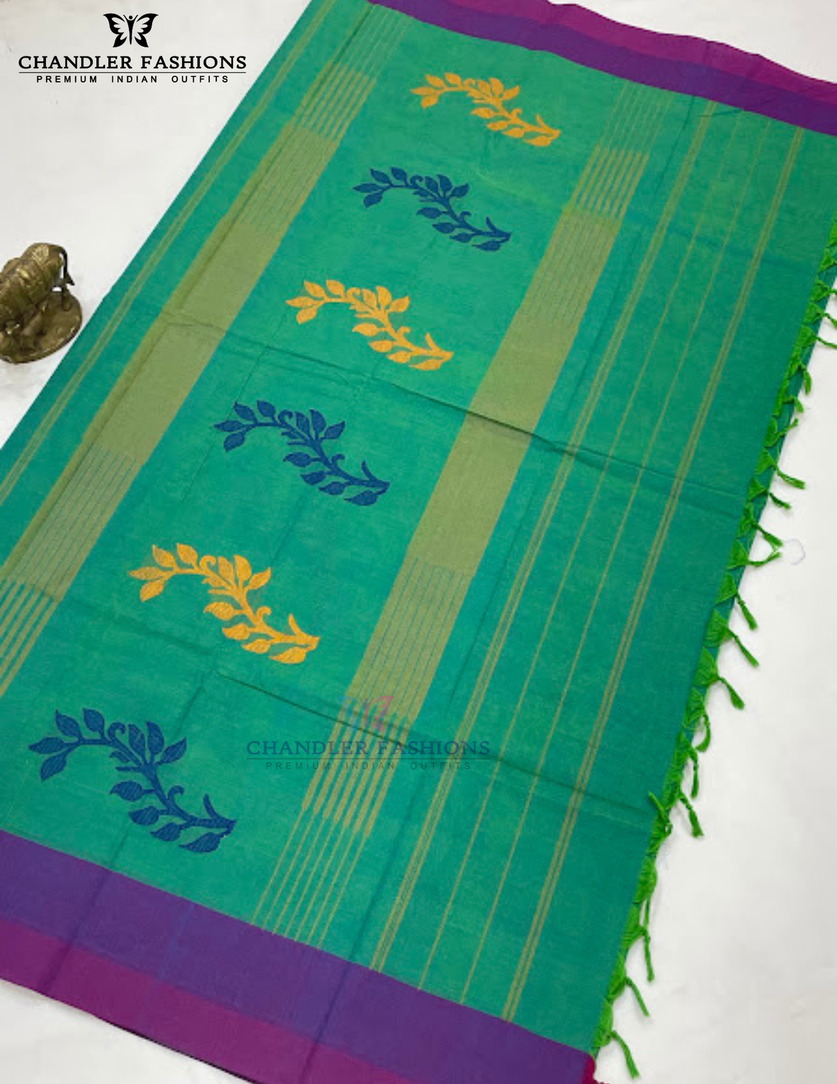 Green Color Cotton Saree Thread Work In USA