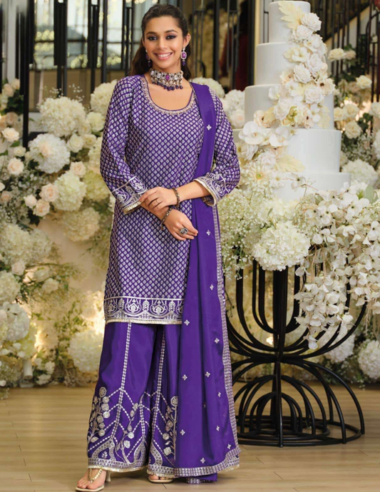 Stunning Purple Color Palazzo Suit With Embroidery Work And Ziya Work For Women