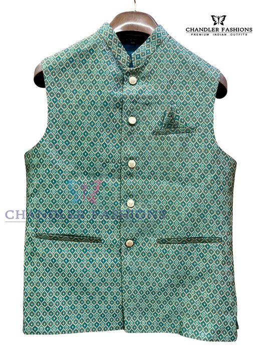 Beautiful Pista Green Colored Jacquard Designer Men's Koti Jacket