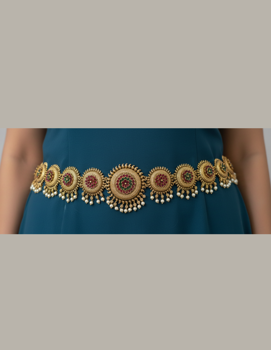 Pretty Gold Plated Round Shaped With Flower Design Hip Chain For Women