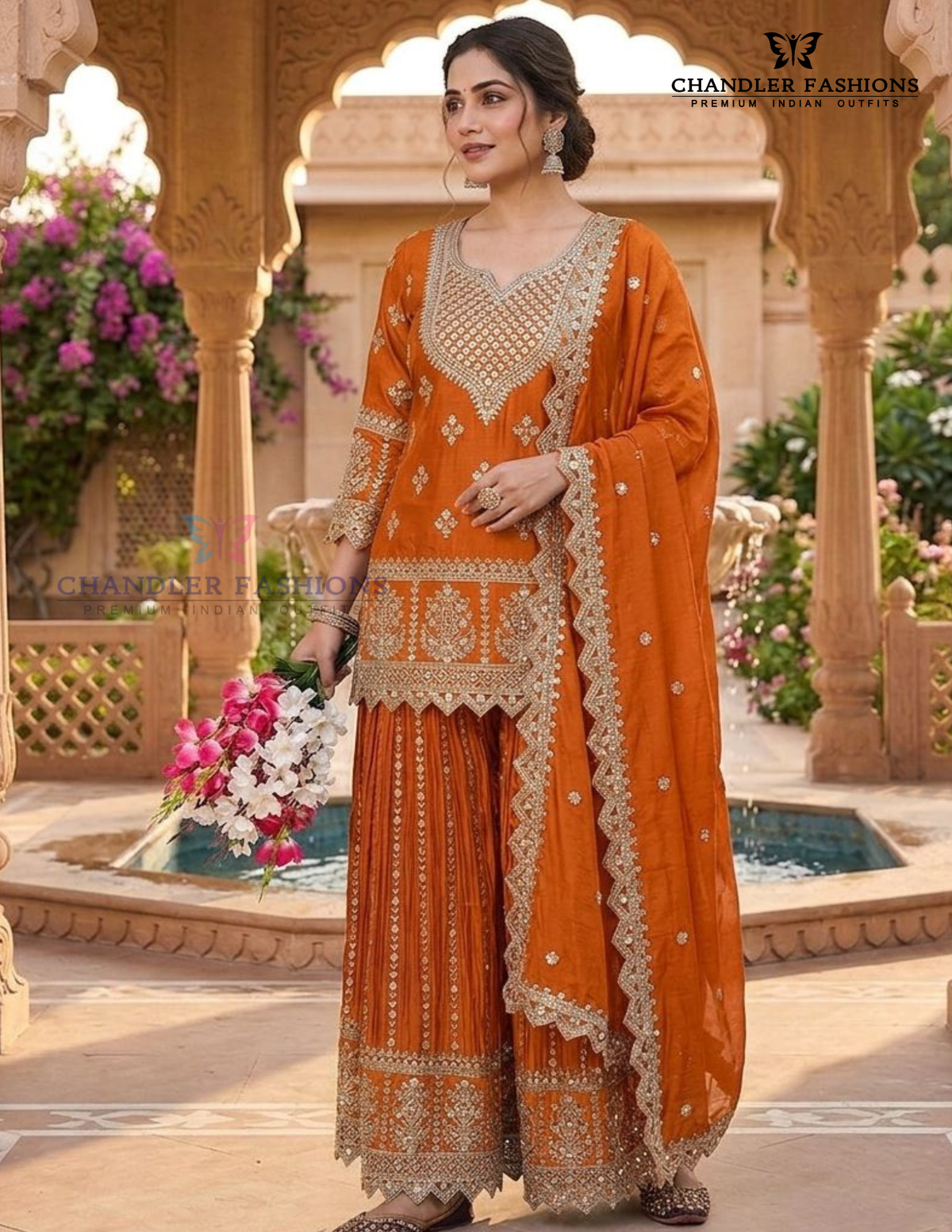 Orange Color Chinon Silk With Embroidery Work Sharara Suit In USA