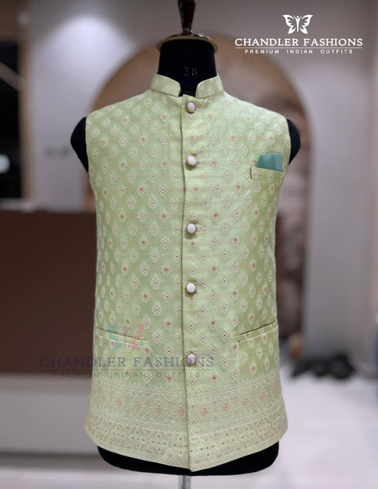 Beautiful Pista Green Colored Jacquard With Embroidery Work Men's Jacket