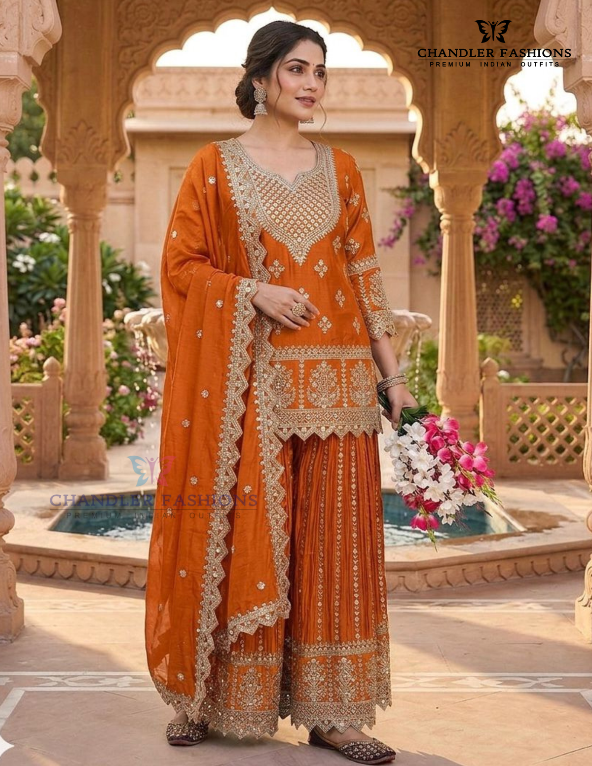 Orange Color Chinon Silk With Embroidery And Sequins Work Sharara Suit Near Me