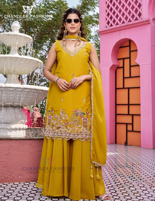 Alluring Yellow Color Georgette Palazzo Suit With Embroidery Work And Fancy Lace Work