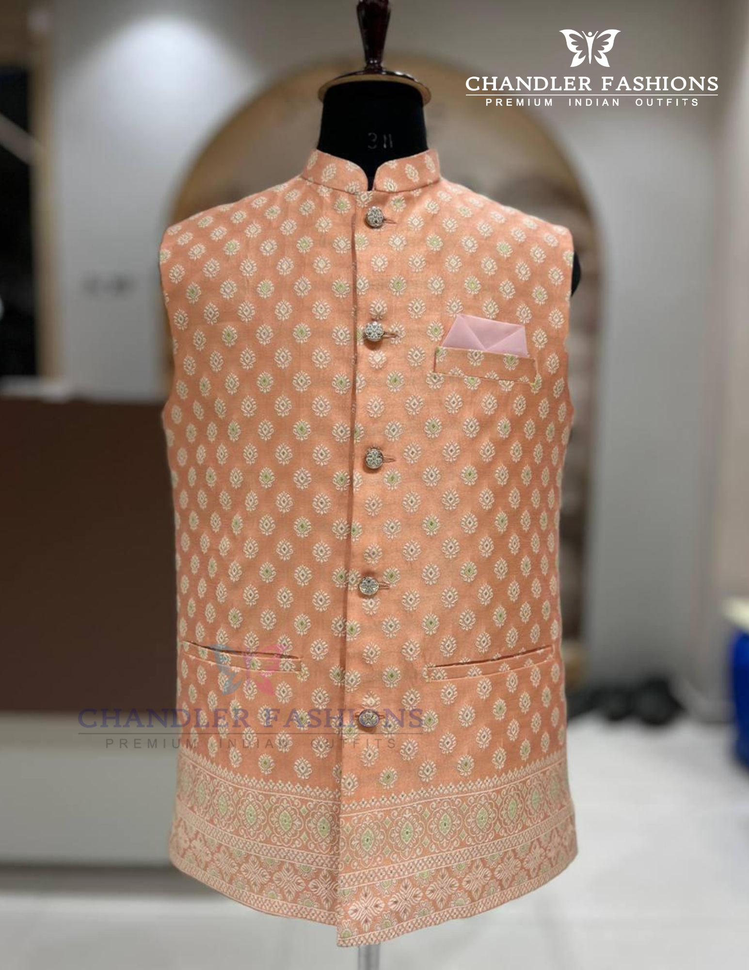Elegant Peach Color Jacquard With Embroidery Work Men's Jacket