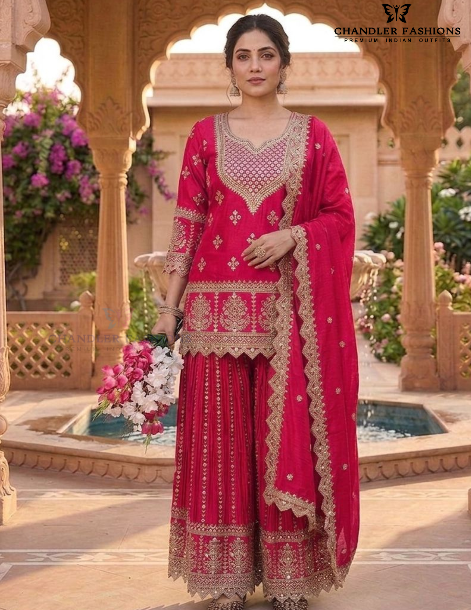 Stunning Pink Color Chinon Silk With Embroidery And Sequins Work Sharara Suit For Women