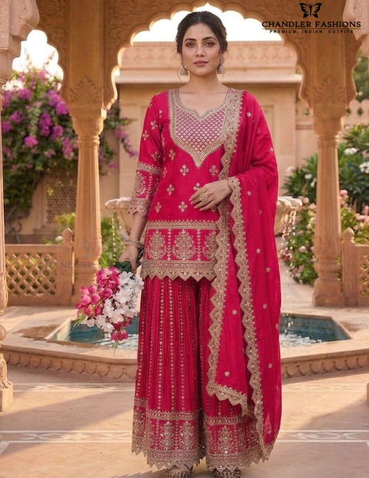 Stunning Pink Color Chinon Silk With Embroidery And Sequins Work Sharara Suit For Women