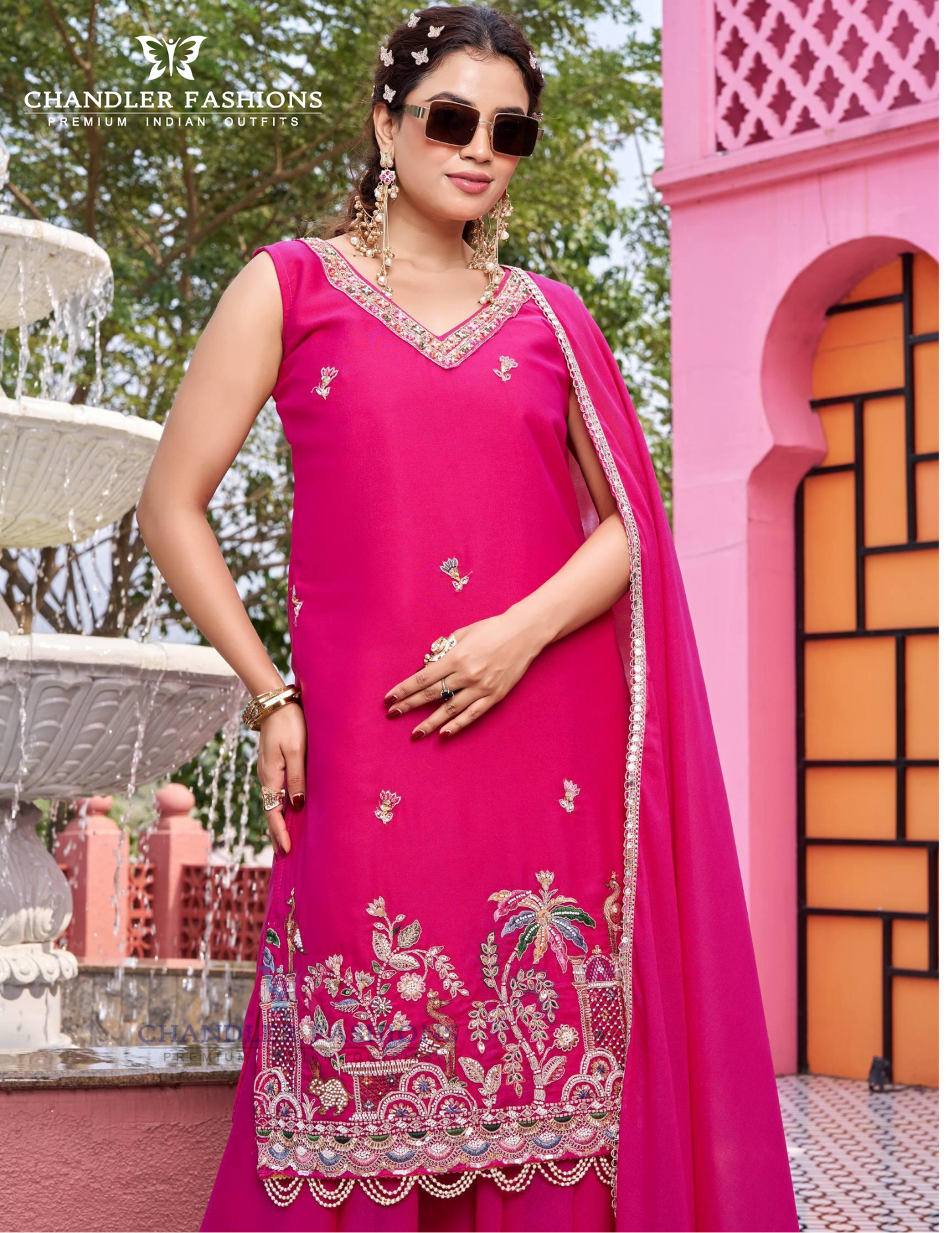 Amazing Pink Color Georgette Palazzo Suit With Embroidery Work Near Me